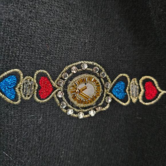 Magnolia Womens Wool Angora Cardigan Sweater M Black Embroidered ArtToWear Money - Picture 2 of 16